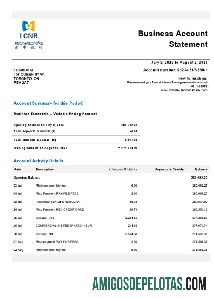 Imprimível Laos LCNB Company Checking modelo de extrato de conta Word e PDF (1)